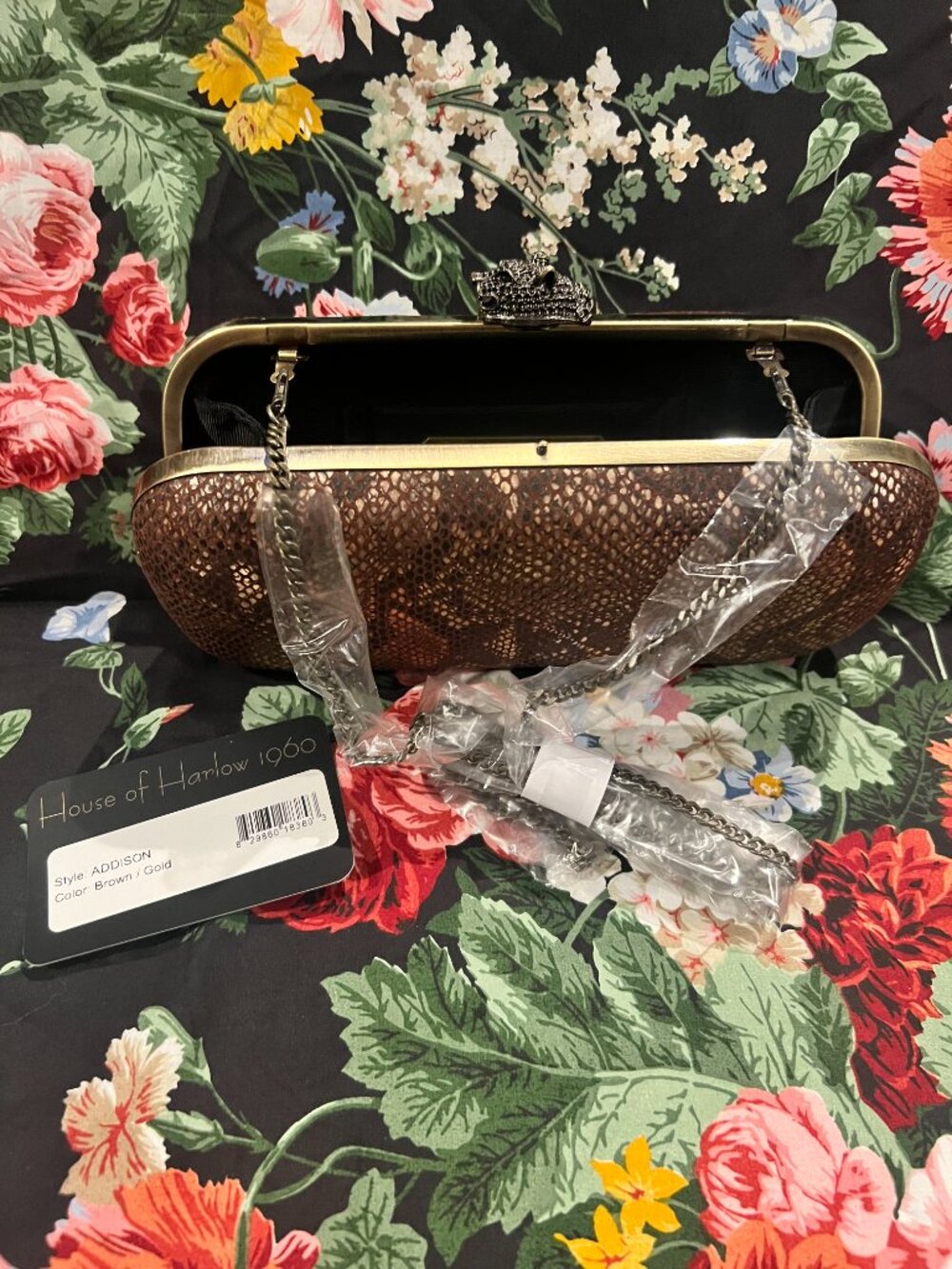 NIB House Of Harlow 1960 Addison Gold Brown Snake Crystal Cheetah Clutch